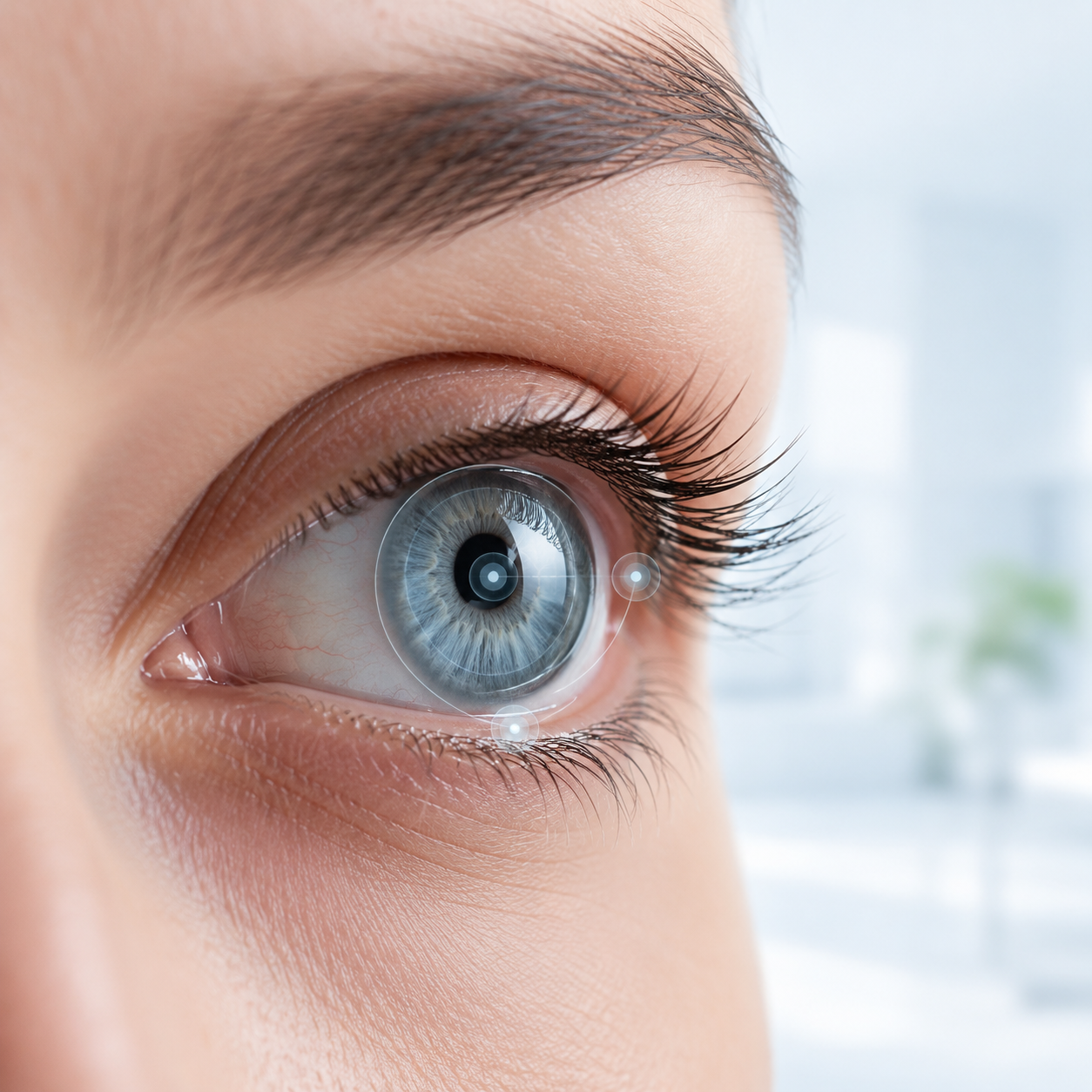 Close-up of an eye wearing a lens, with fit landmarks highlighted