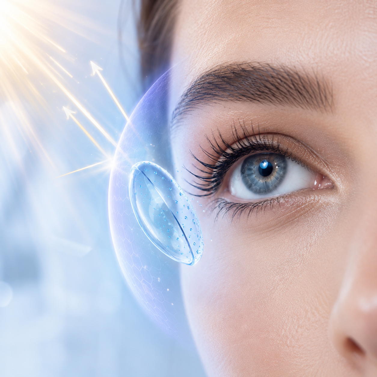 A Clearlii lens shielding the eye from UV rays