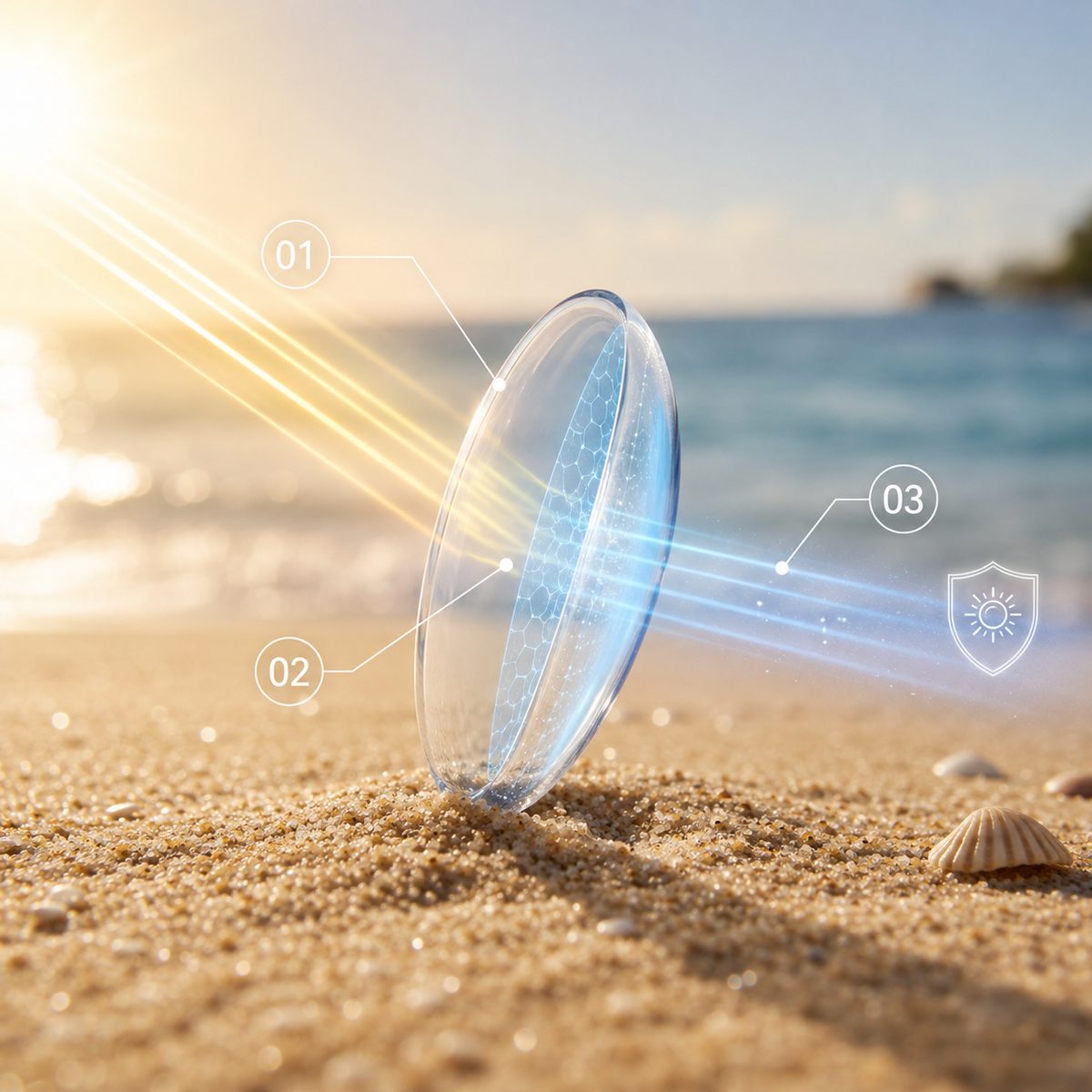 UV rays filtered by the lens's built-in protective layer